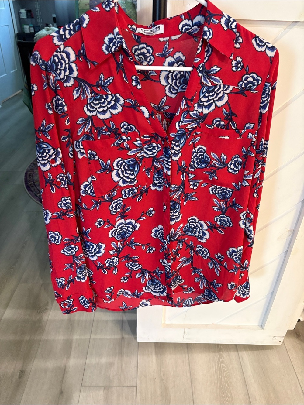 Express Red Floral Button-Front Blouse - Picture 2 of 4